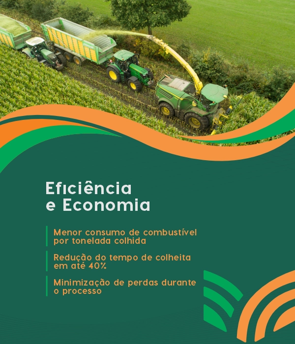 Máquina de silagem operando com baixo consumo de combustível.